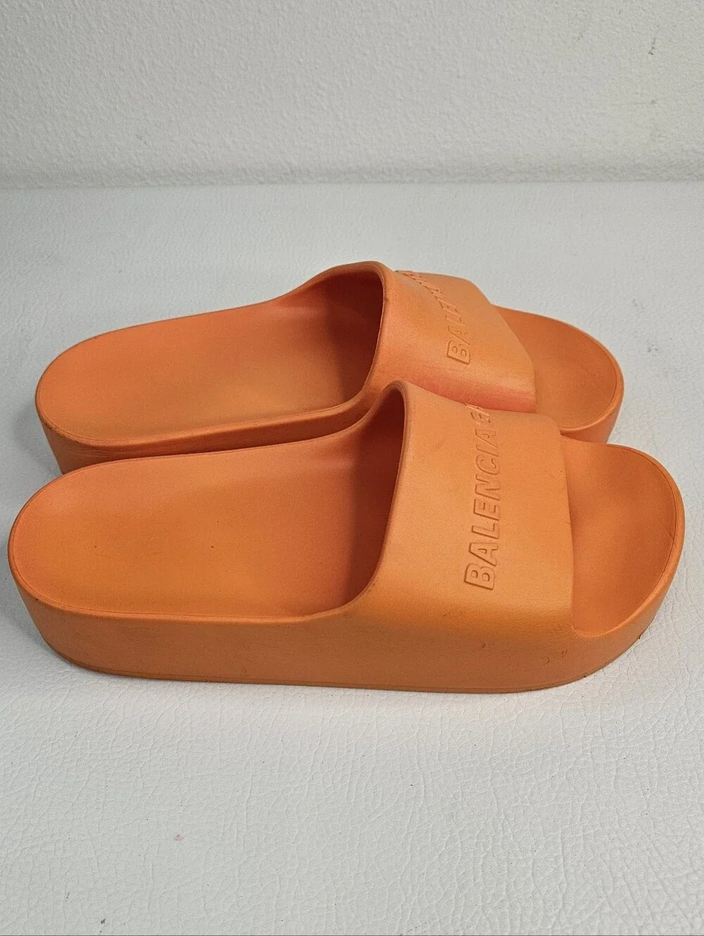 Balenciaga Mono Logo Platform Chunky Pool Slides Orange Rubber Sandals Italy